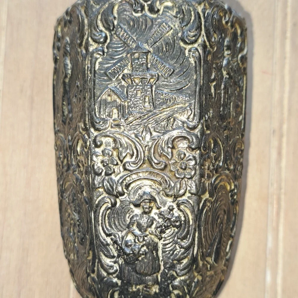 Vintage Old Dutch-Style Embossed Pewter Vase with Windmill & Figurine Motif